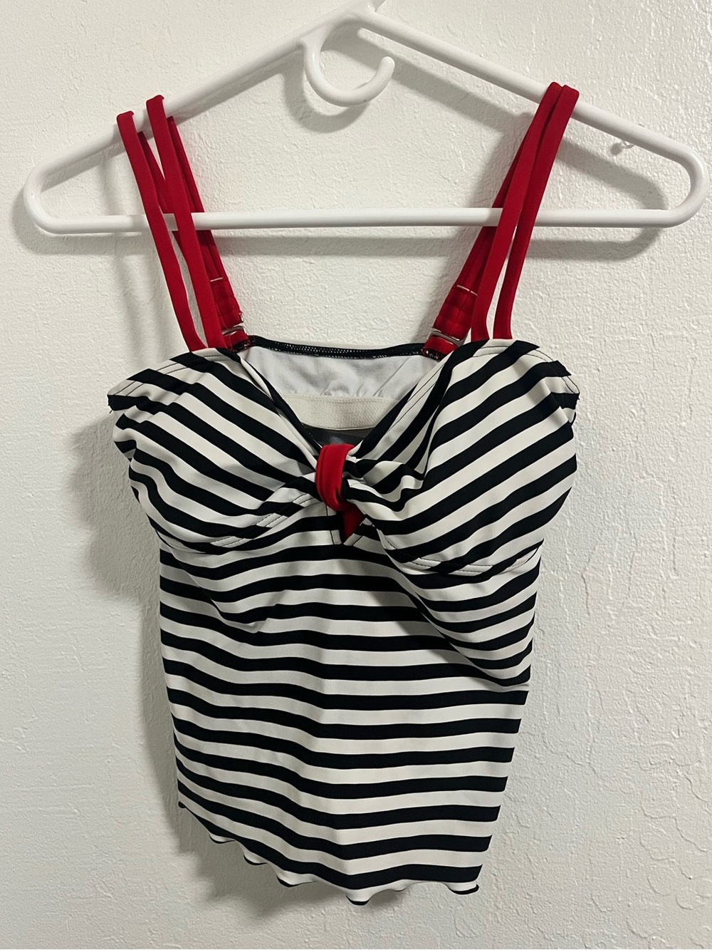 Black & White Striped Tankini Top with Red Straps